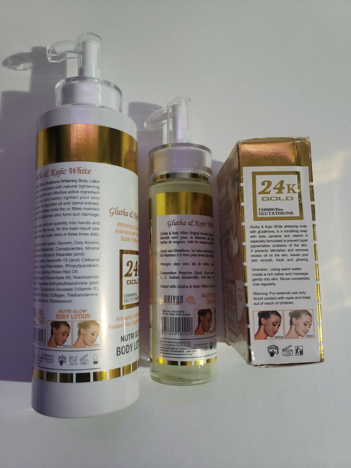 24K gold glutha kojic nutri glow lotion, soap, serum, face cream