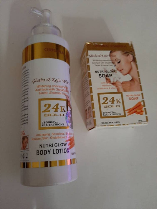 24K gold nutri glow body lotion 500ml, soap.
